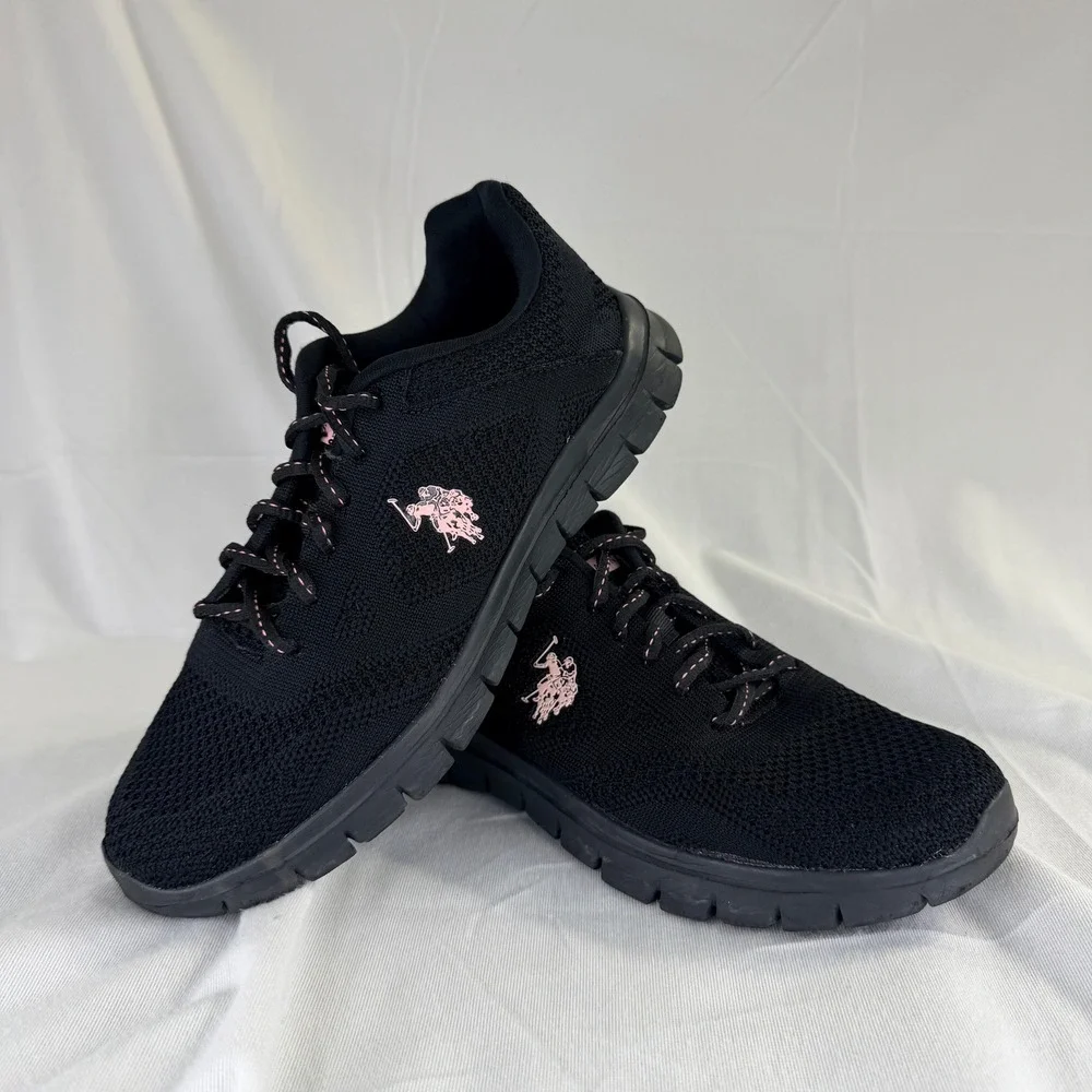 US Polo Assn Girls Knit Sneakers Black Pink Athletic Shoes Size 7M